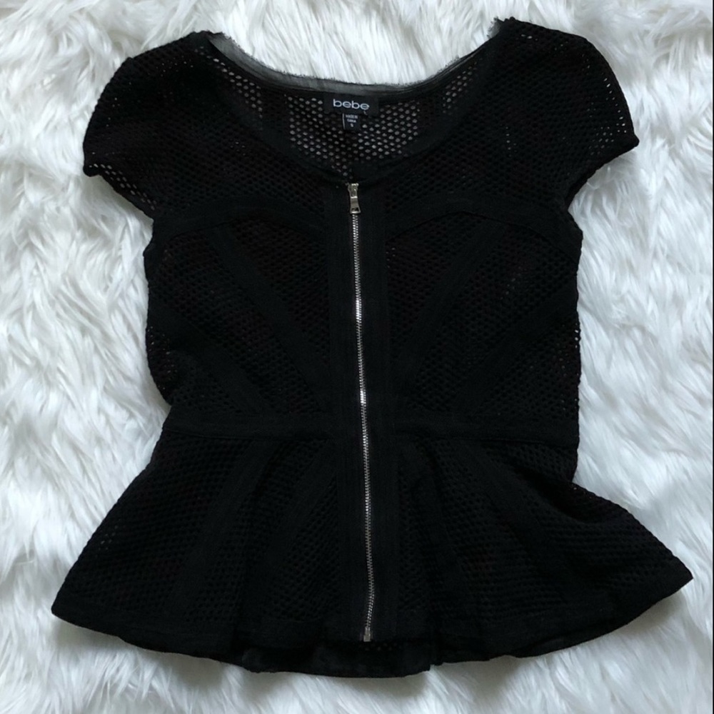 Bebe Black Mesh Peplum Zip Top